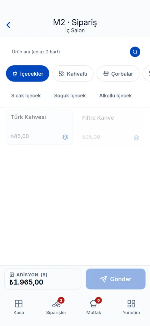 Garson ekranı — M2 masasına ürün ekleme, kategori seçimi ve adisyon toplamı, telefon görünümü