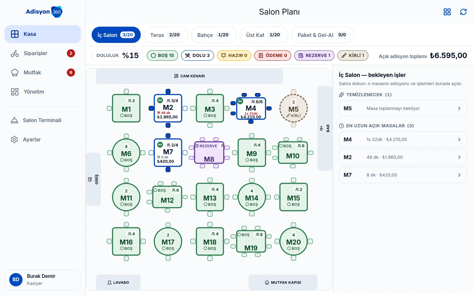 Adisyon360 kasa ekranı — salon planı ve açık adisyonlar
