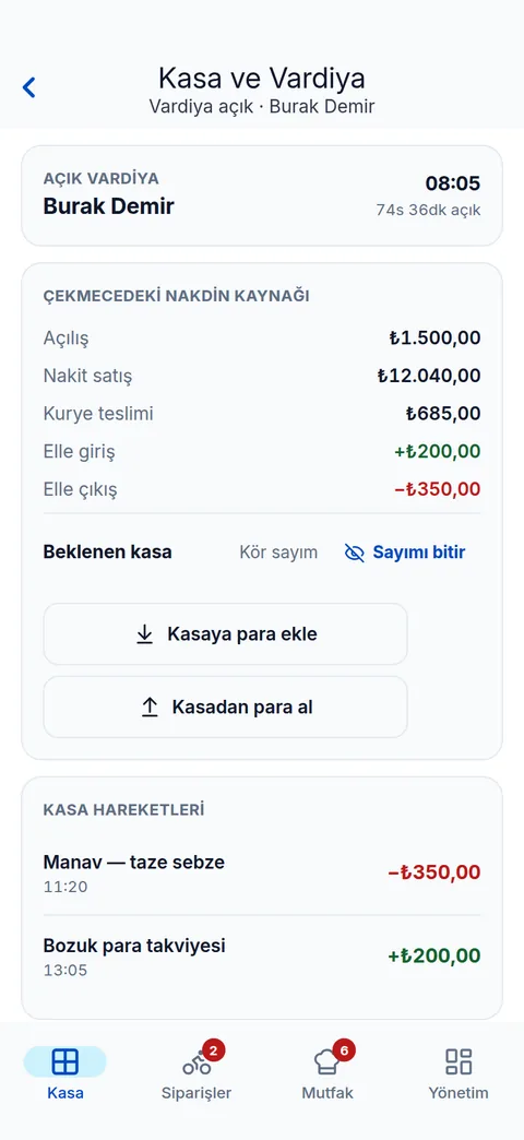 Kasa ve vardiya ekranı — çekmece sayımı ve kasa hareketleri, telefon görünümü
