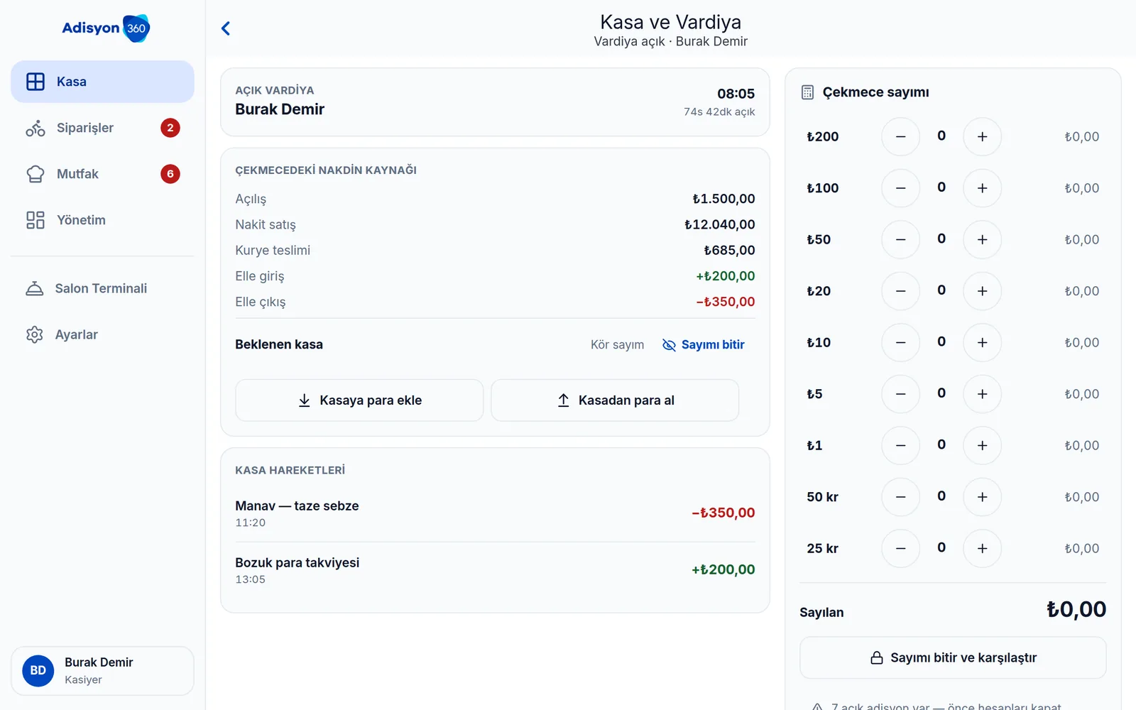 Adisyon360 vardiya ekranı — kafede kasa açılış, sayım ve vardiya kapanışı