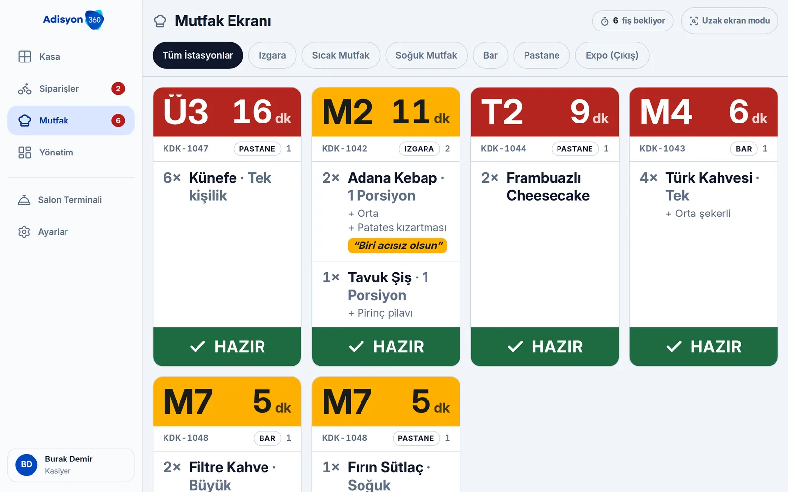 Adisyon360 mutfak ekranı — istasyon filtresi, süre sayacı ve gecikme uyarısı