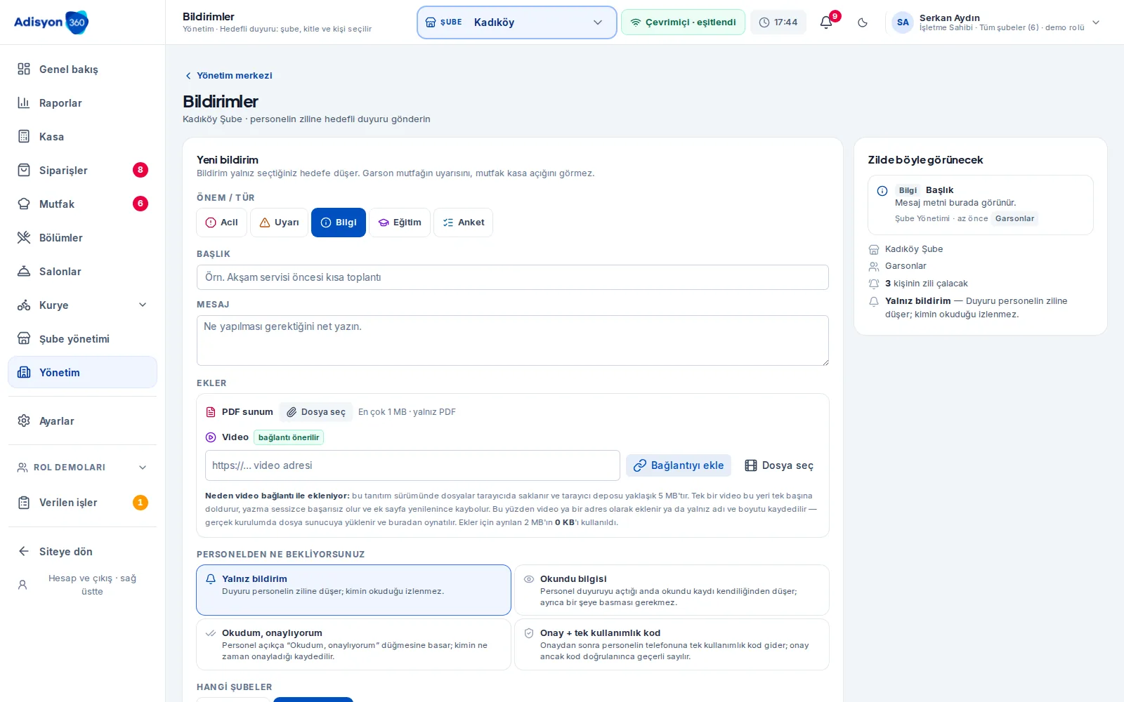 Adisyon360 duyuru ekranı — acil/uyarı/bilgi/eğitim/anket türleri, PDF ve video eki, dört onay düzeyi ve zil önizlemesi