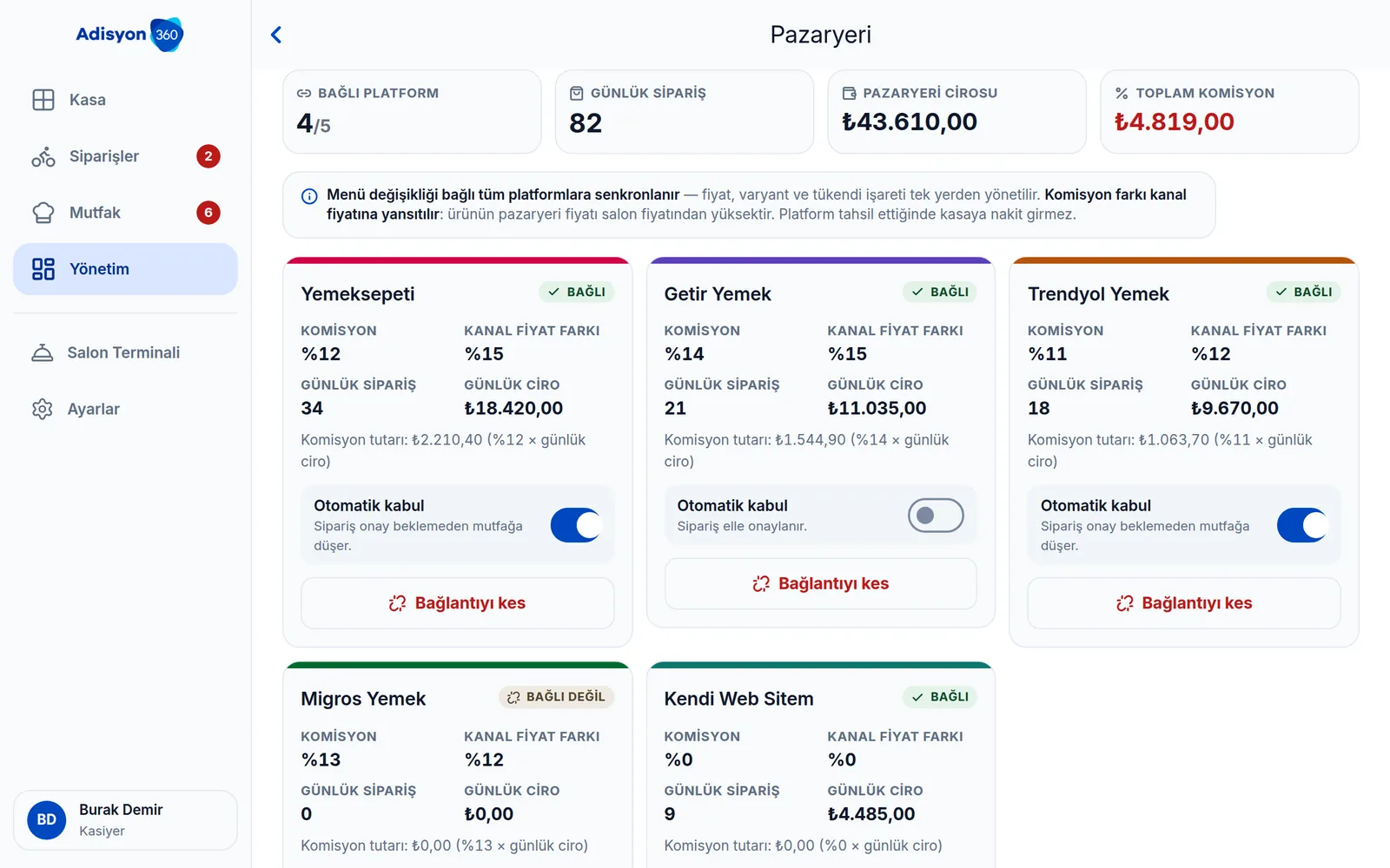 Adisyon360 yönetim panelinde pazaryeri entegrasyonu ekranı